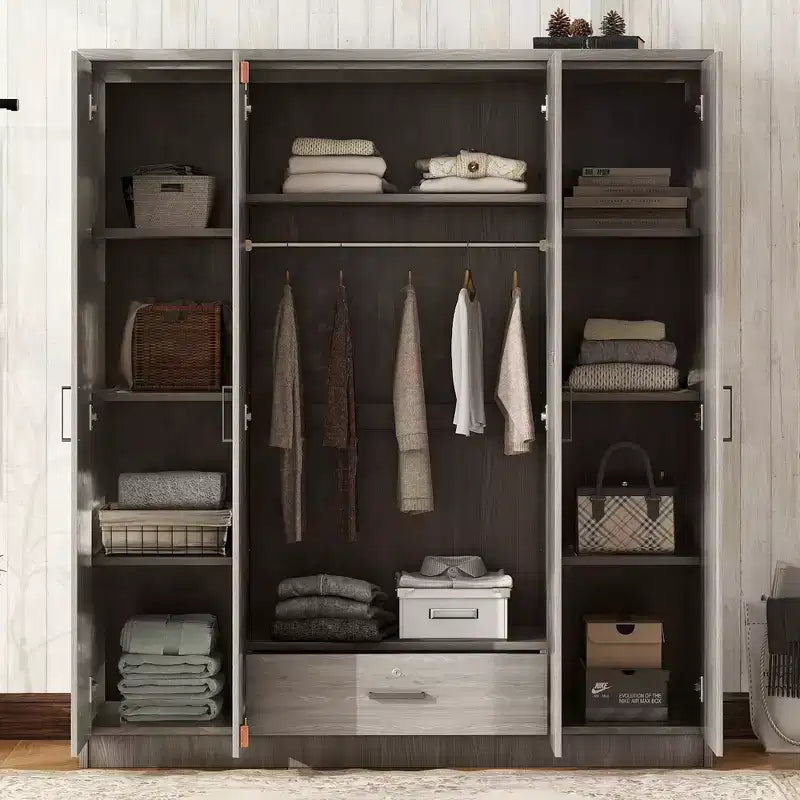 Armoire-penderie en bois à 4 portes avec tringle, 1 tiroir et étagères de rangement