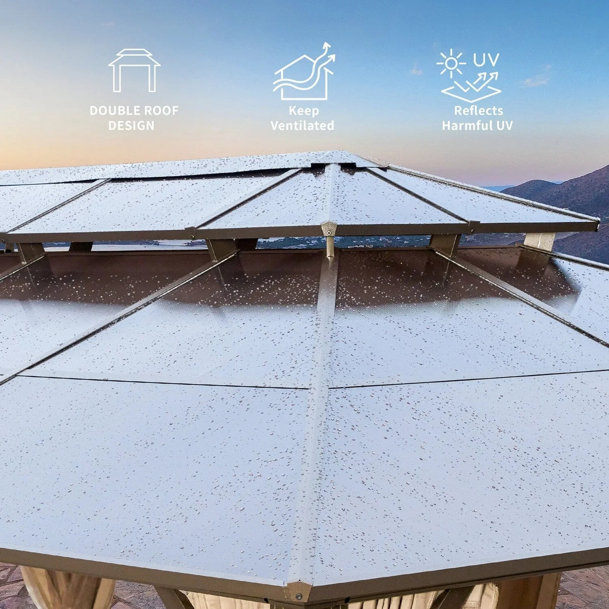 EROMMY Pavillon mit festem Dach, Outdoor-Pergola mit Doppeldach, Netzvorhängen und Vorhängen, robustes Vordach für Terrasse, Garten und Poolpartys