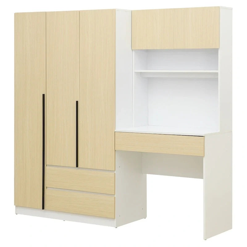 3-in-1-Kleiderschrank mit Schminktisch, Schreibtisch-Set, Schlafzimmerschrank mit 2 Schubladen, 3 Türen und Stauraum