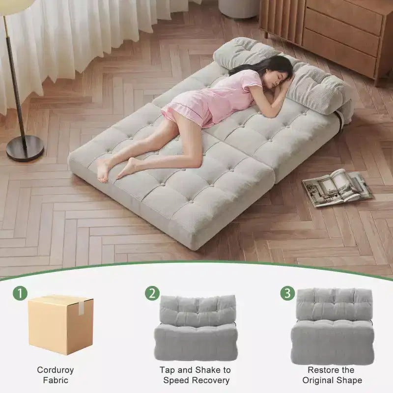 Divano letto futon pieghevole in velluto a coste, poltrona letto trasformabile da pavimento con cuscino e supporto per la schiena