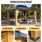 EROMMY Pavillon mit festem Dach, Outdoor-Pergola mit Doppeldach, Netzvorhängen und Vorhängen, robustes Vordach für Terrasse, Garten und Poolpartys
