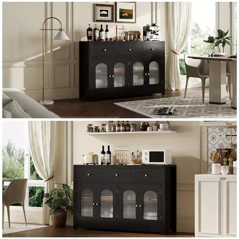 Buffet étroit de 140 cm avec rangements, meuble d’appoint avec 3 tiroirs et 4 portes pour cuisine, salle à manger et salon