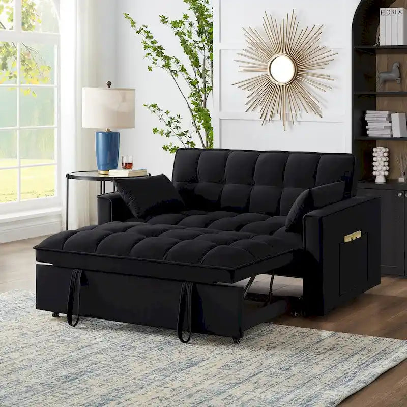 Sofá-cama de 2 lugares 4 em 1 com braços e bolsos de arrumação, sofá-cama extraível multifunções com encosto ajustável