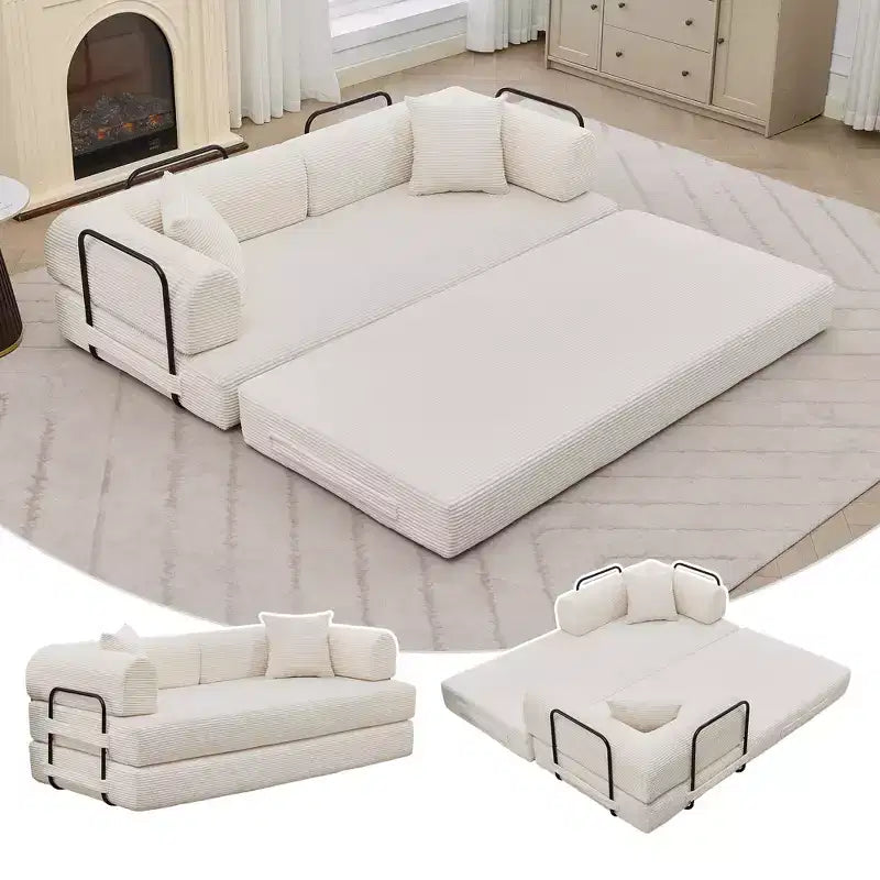 4-in-1-Schlafsofa, 79 Zoll rahmenlose Faltbodenmatratze aus Cord mit Kissen, ohne Montage, Loveseat für kleine Wohnungen