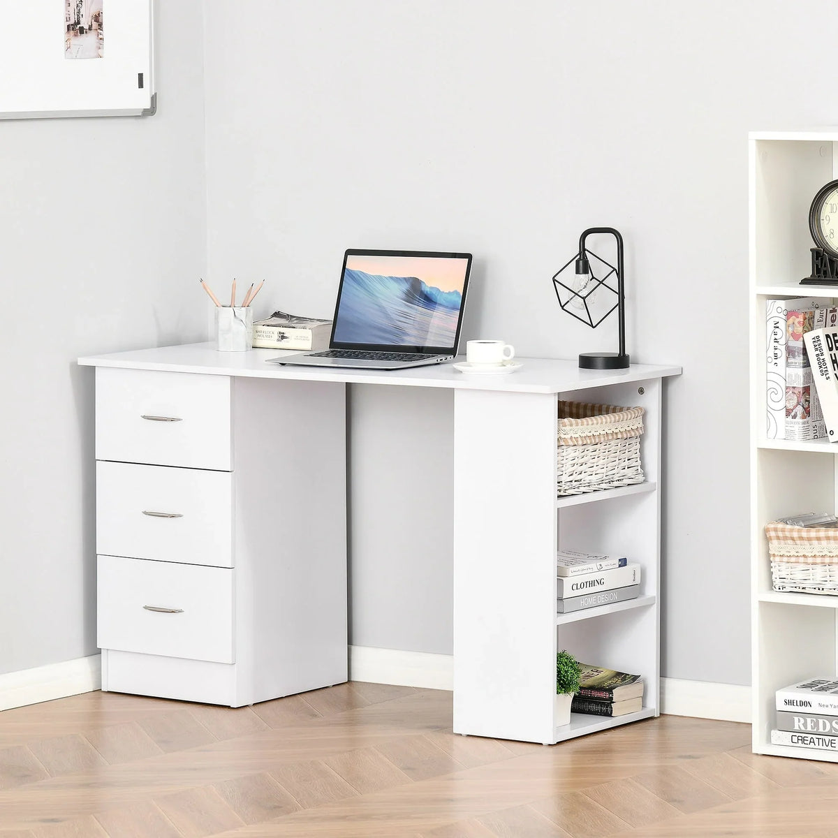 HOMCOM 47 modern thuiskantoorbureau met boekenkast, schrijftafel en werkplek, met 3 laden en opbergplank - wit
