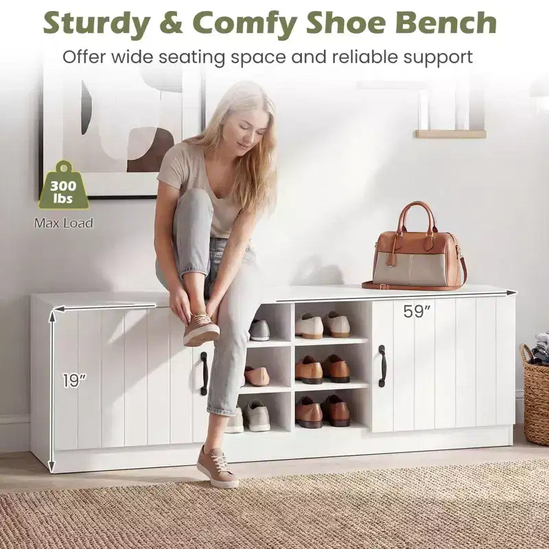 Banc à chaussures à 2 portes avec étagères réglables et espace de rangement dissimulé, naturel + blanc/Whi5te