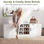 Banc à chaussures à 2 portes avec étagères réglables et espace de rangement dissimulé, naturel + blanc/Whi5te