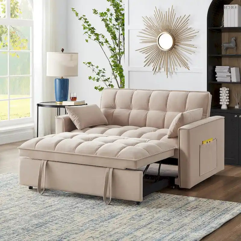 Sofá-cama de 2 lugares 4 em 1 com braços e bolsos de arrumação, sofá-cama extraível multifunções com encosto ajustável