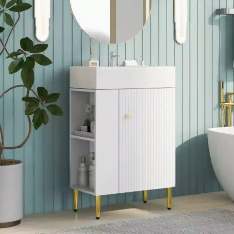 Meuble-lavabo de salle de bains blanc de 21,6, ensemble meuble, meuble de rangement de salle de bains, lavabo simple en céramique, rangement à gauche