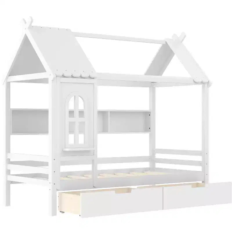 Huisbed met opbergladen en raam, frame van massief hout met planken, speels kinderdesign, lichtwit