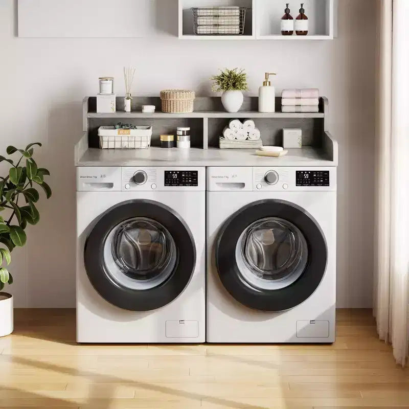 Dessus de lave-linge et sèche-linge en bois, plan de travail de buanderie de 54 po avec étagère de rangement à 2 niveaux, surface de travail antidérapante avec rebords pour l'organisation de la buanderie