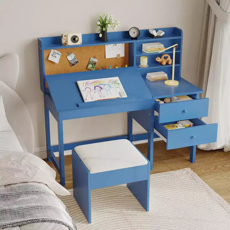 Ensemble bureau et chaise pour enfants, table d’étude en bois avec plateau inclinable réglable, tiroirs et tableau en liège – ensemble bureau d’apprentissage scolaire pour enfants