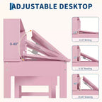 Ensemble bureau et chaise pour enfants, table d’étude en bois avec plateau inclinable réglable, tiroirs et tableau en liège – ensemble bureau d’apprentissage scolaire pour enfants