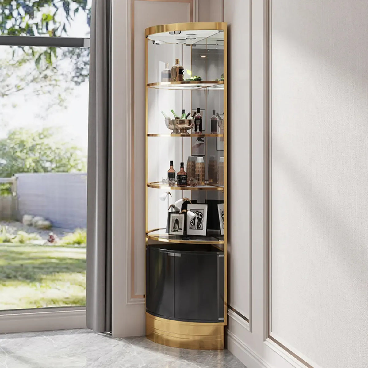 Vitrine de canto para garrafeira e arrumação com prateleiras de vidro e metal em vários níveis