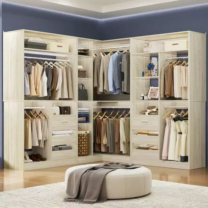 Ensemble Besiost de 3 éléments pour dressing d’angle avec étagères en colonne et tiroirs, organisateur de dressing autoportant avec tringles