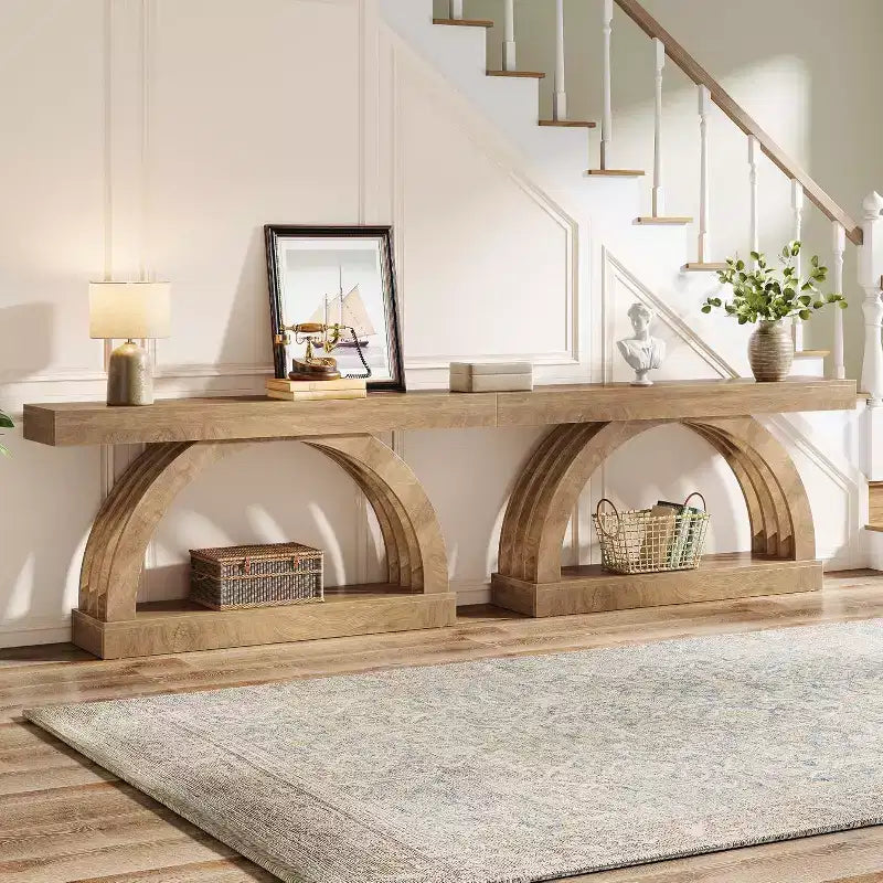 Console d'entrée Lantine de 160 cm, table de canapé à 2 niveaux derrière le canapé, console étroite de style campagne à arche unique pour couloir, salon, vestibule, naturel