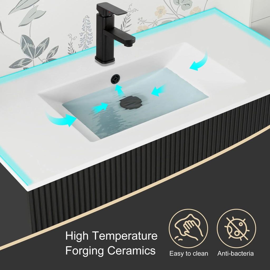 Wavy Line Badezimmermöbel-Set mit Waschbecken und Wasserhahn, 30/36/48 Zoll