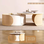 Moderner runder Couchtisch, Tischplatte aus Stein, naturbelassenes Holz – 50 x 31,5