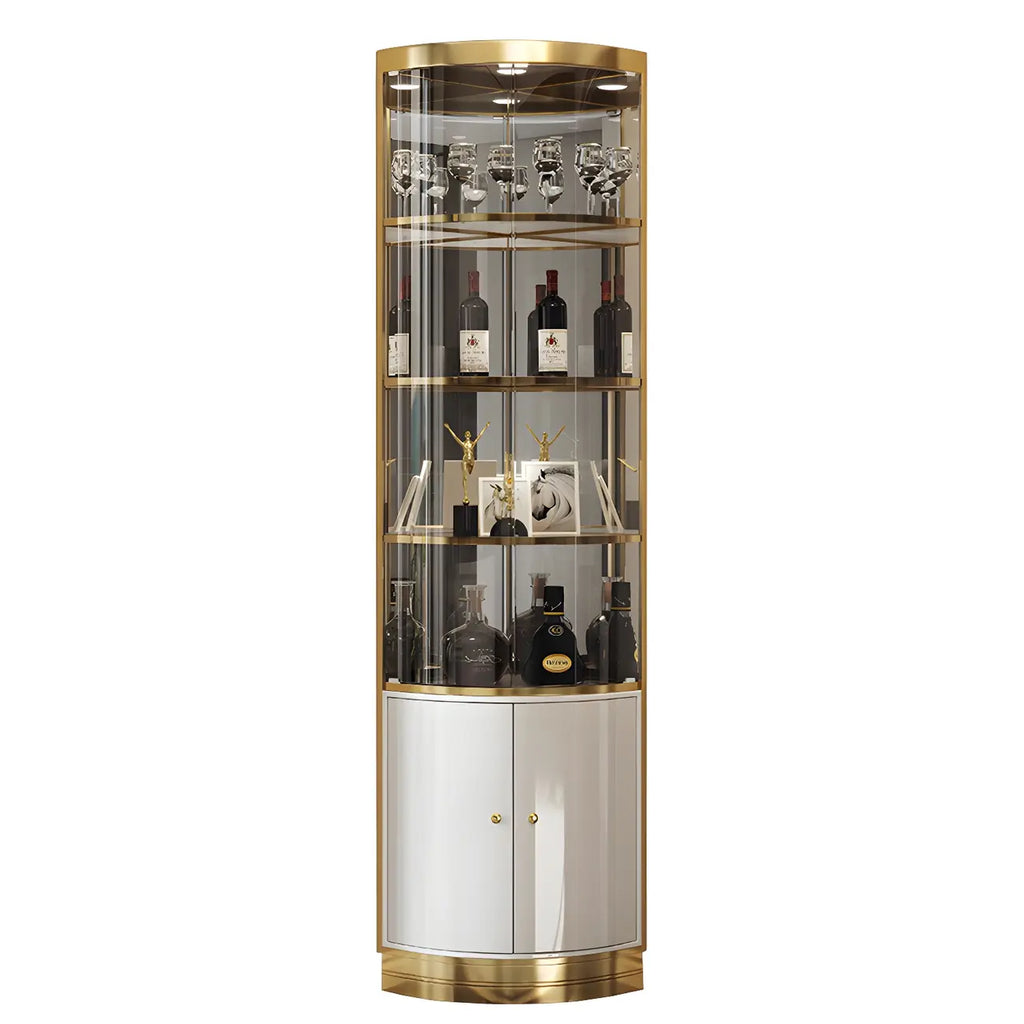 Vitrina de canto glamorosa com vidro brilhante e metal dourado, de formato arredondado