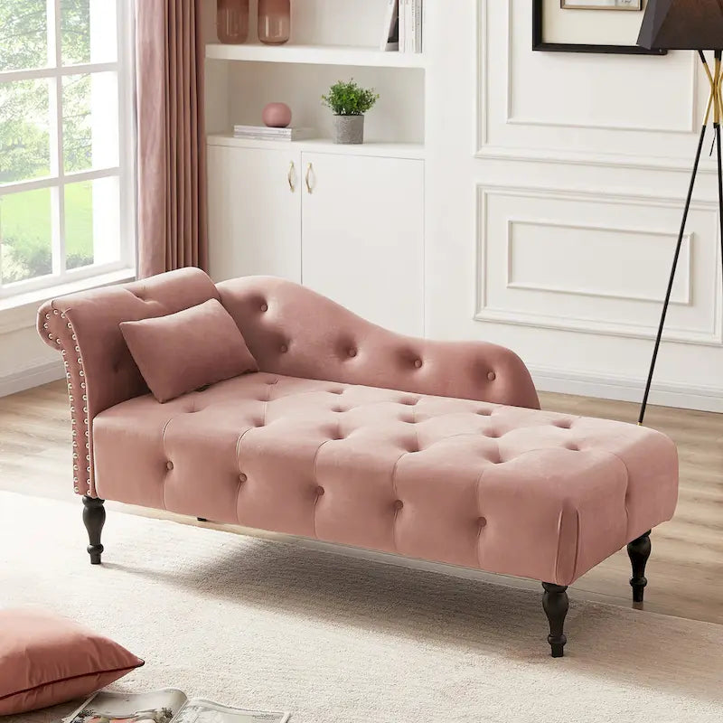 Moderne chaise longue van 60,6 inch met fluwelen bekleding, gecapitonneerde knopen, massief houten poten en sierspijkers