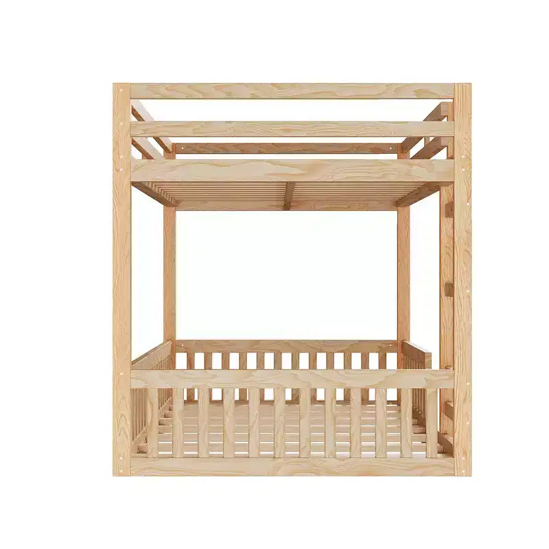 Houten stapelbed met twee volledige slaapplaatsen, ladder en valbeveiliging, laag stapelbed voor twee volledige matrassen met lattenbodem