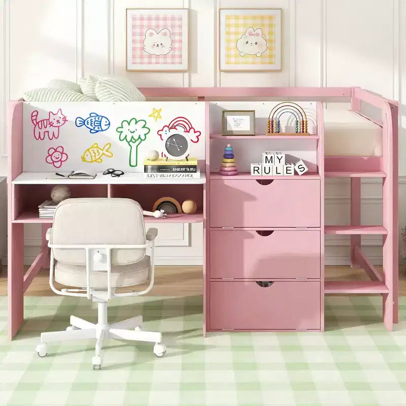 Letto rialzato basso rosa/bianco con scrivania, spazio contenitore e lavagna bianca -C singolo, 1 persona