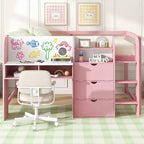 Letto rialzato basso rosa/bianco con scrivania, spazio contenitore e lavagna bianca -C singolo, 1 persona