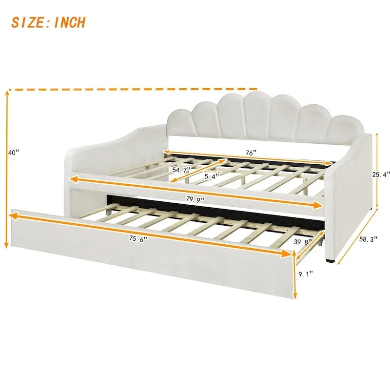 Divã estofado de tamanho Full com encosto em concha e cama extra