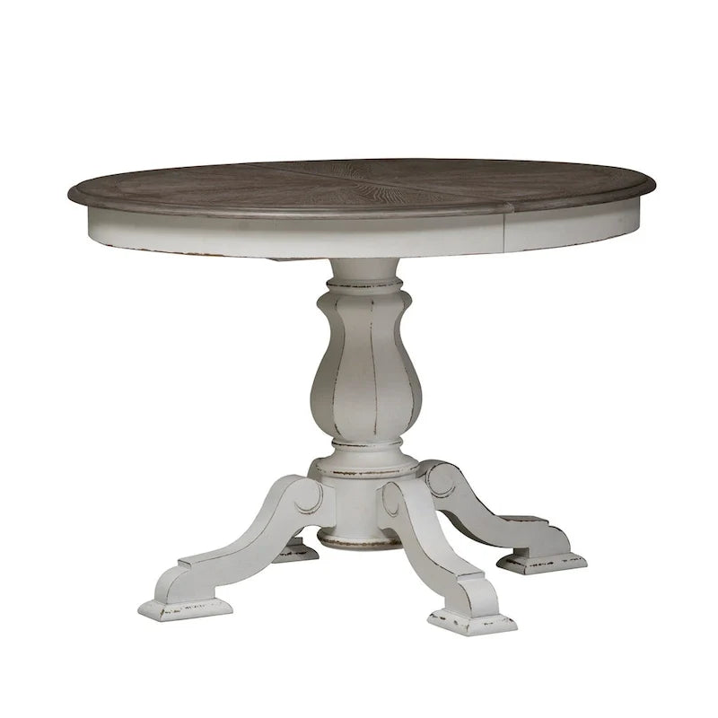 Mesa de jantar redonda com pé central Magnolia Manor e extensões - 2 acabamentos