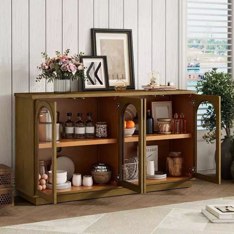 Großes Buffet-Sideboard mit 4 Türen und Glastüren, gewölbter Schrank mit verstellbaren Einlegeböden für die Küche