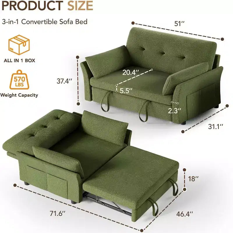 Divano letto trasformabile 3-in-1 Dyonery, divano letto estraibile con tasca laterale e schienale regolabile, montaggio senza attrezzi, divanetto pieghevole