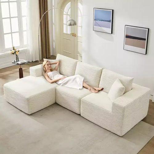 108 modernes Sofa, 3-Sitzer-Sofa in L-Form mit Polsterbezug und Kissen, Sofa mit tiefer Sitzfläche, keine Montage erforderlich