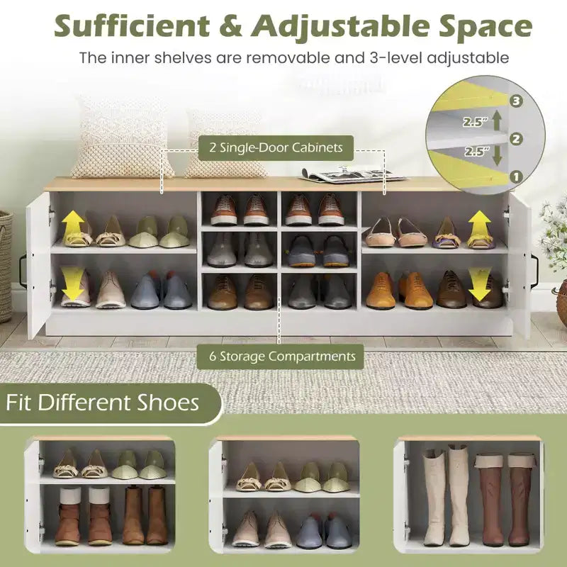 Banc à chaussures à 2 portes avec étagères réglables et espace de rangement dissimulé, naturel + blanc/Whi5te