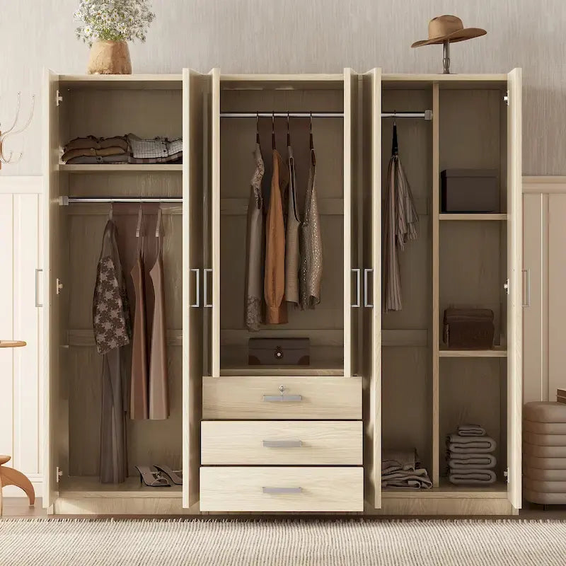6-türiger Holzkleiderschrank mit Stauraum und 3 großen Schubladen fürs Schlafzimmer