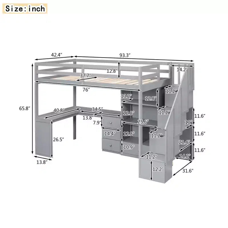 Hochbett in Twin-Größe mit L-förmigem Schreibtisch, 3 Schubladen, Schrank und Stauraum in der Treppe, Konstruktion aus massivem Kiefernholz/MDF