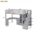 Hochbett in Twin-Größe mit L-förmigem Schreibtisch, 3 Schubladen, Schrank und Stauraum in der Treppe, Konstruktion aus massivem Kiefernholz/MDF
