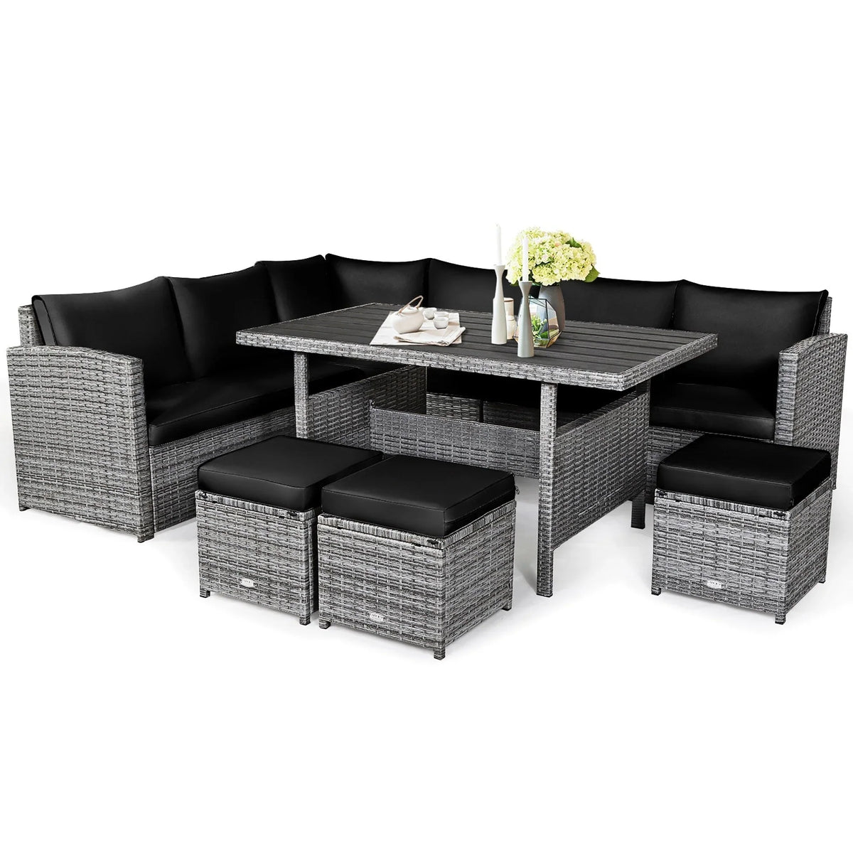 Costway 7-teiliges Dining-Set aus Polyrattan für die Terrasse mit Ecksofa, Couch und Hocker – Details anzeigen