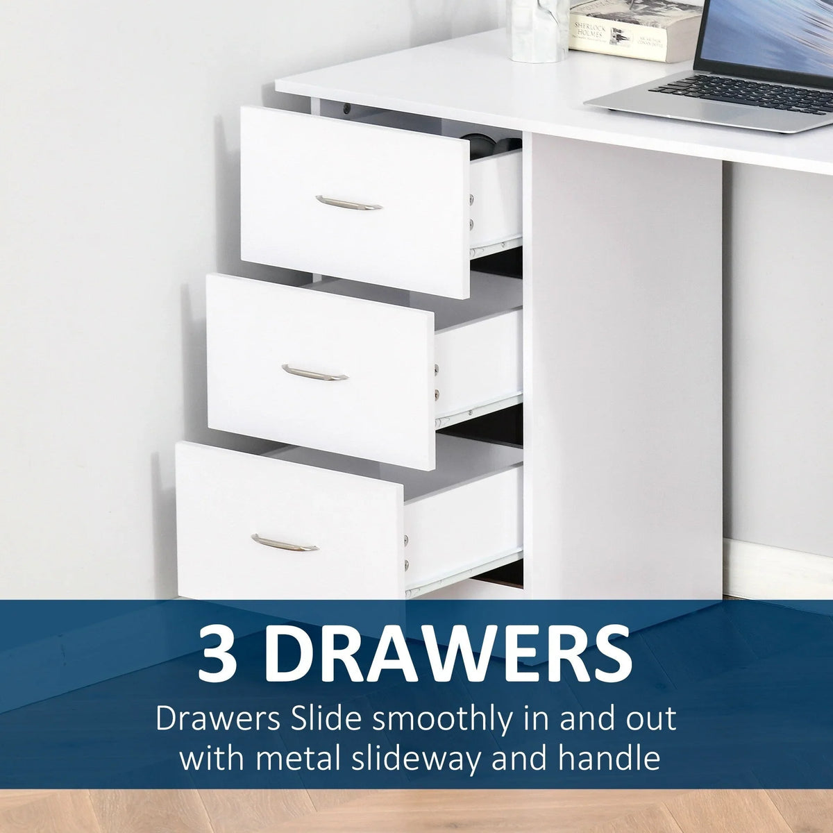 HOMCOM 47 modern thuiskantoorbureau met boekenkast, schrijftafel en werkplek, met 3 laden en opbergplank - wit