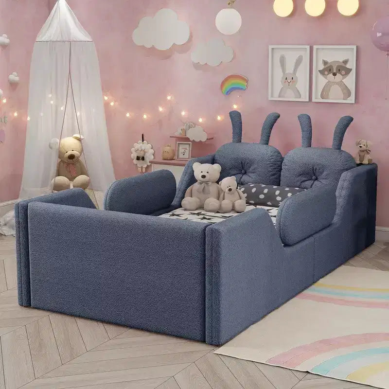 Whisen Einzelbett mit Plattform, gepolstertes Bodenbettgestell für Kinder mit Hasenkissen und abnehmbaren Seitengittern