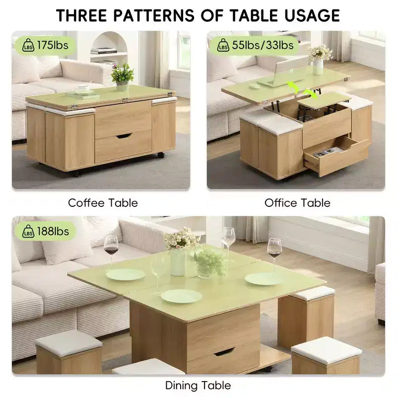 Mesa de centro moderna multifunções com tampo elevável, arrumação oculta, 4 bancos e rodízios, perfeita para espaços de estar modernos