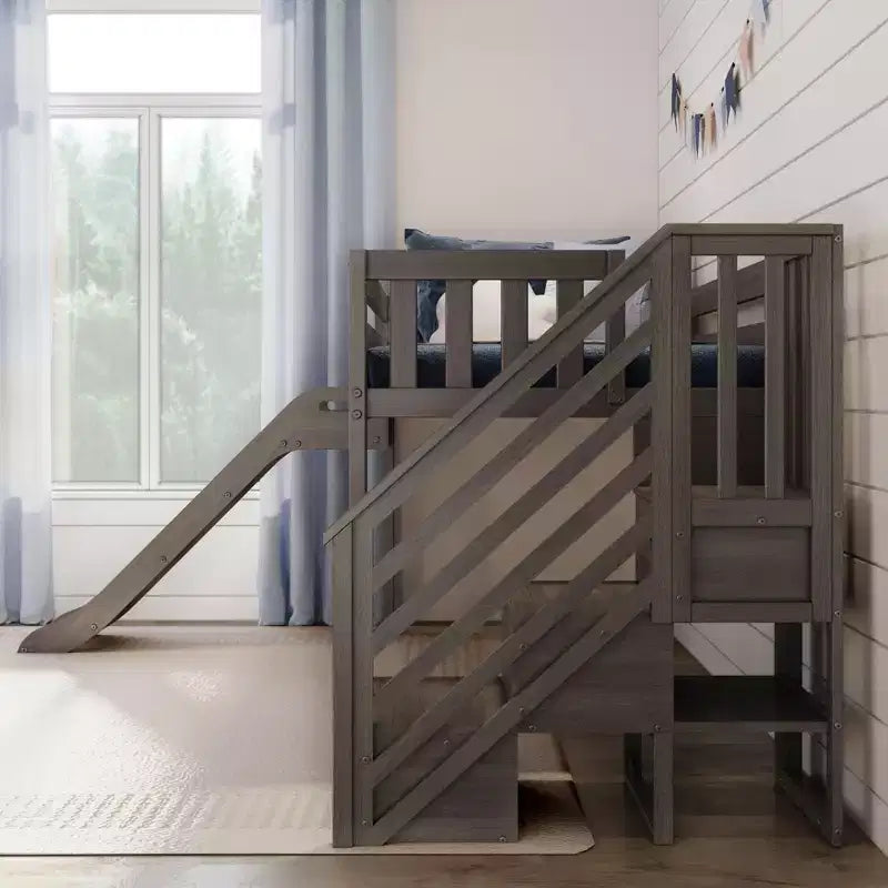 Niskie łóżko na antresoli dla dzieci w rozmiarze Twin ze zjeżdżalnią i schodkami, z litego drewna, 14 barierek ochronnych, udźwig 400 lb