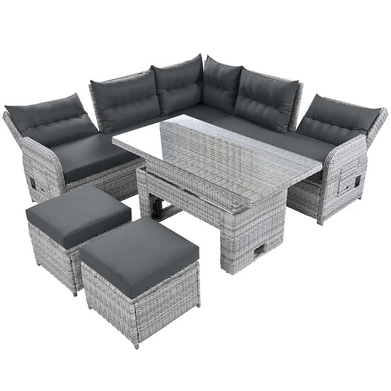 Outdoor-Rattanmöbel-Set mit verstellbarem Tisch, Relaxsesseln und 2 Hockern