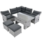 Outdoor-Rattanmöbel-Set mit verstellbarem Tisch, Relaxsesseln und 2 Hockern