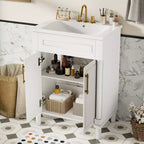 Meuble-lavabo de salle de bains de 24 pouces avec lavabo en céramique, meuble de style Shaker, 2 portes à fermeture amortie et structure en bois massif pour petite salle de bains ou cabinet de toilette