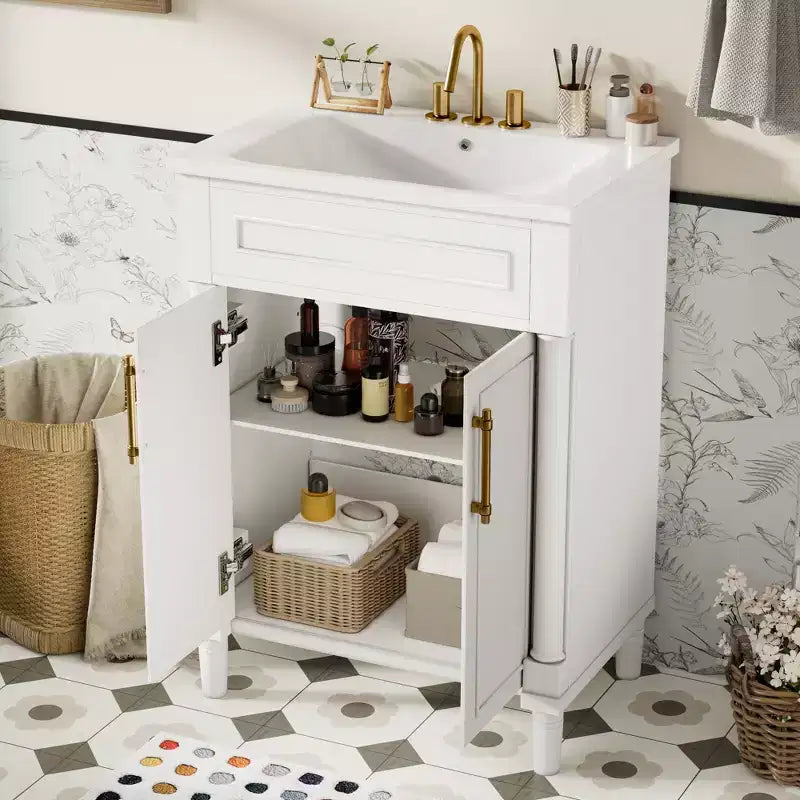 Meuble-lavabo de salle de bains de 24 pouces avec lavabo en céramique, meuble de style Shaker, 2 portes à fermeture amortie et structure en bois massif pour petite salle de bains ou cabinet de toilette