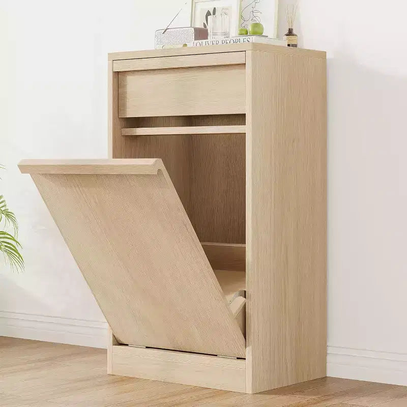 Kippbarer Mülleimer aus natürlicher Eiche, Mülleimer mit Stauraum und Schublade, versteckter Müllschrank, Wäschekorb für Küche, Esszimmer und Wohnzimmer