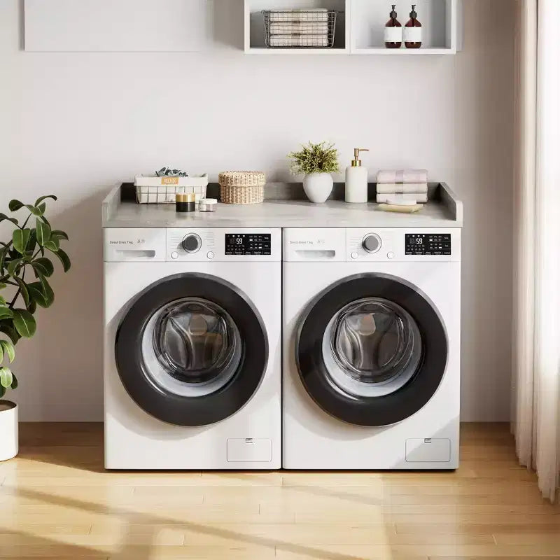 Plan de travail pour lave-linge et sèche-linge, plateau de buanderie avec rebord surélevé et tapis antidérapant pour panier à linge, rangement et organisation de la buanderie