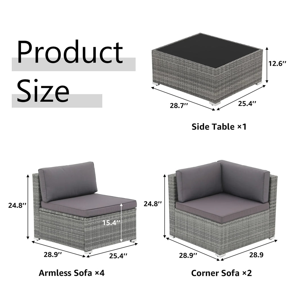 Ensemble de canapé modulaire d’extérieur rembourré en osier et acier, 7 pièces