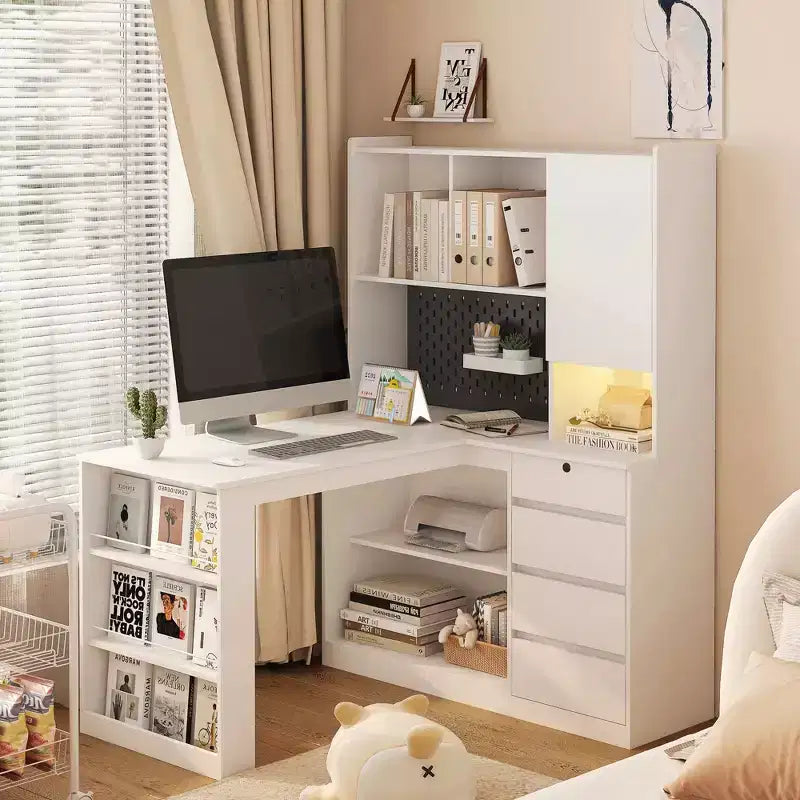 117-cm-Eckschreibtisch in L-Form mit Bücherregal und Schubladen