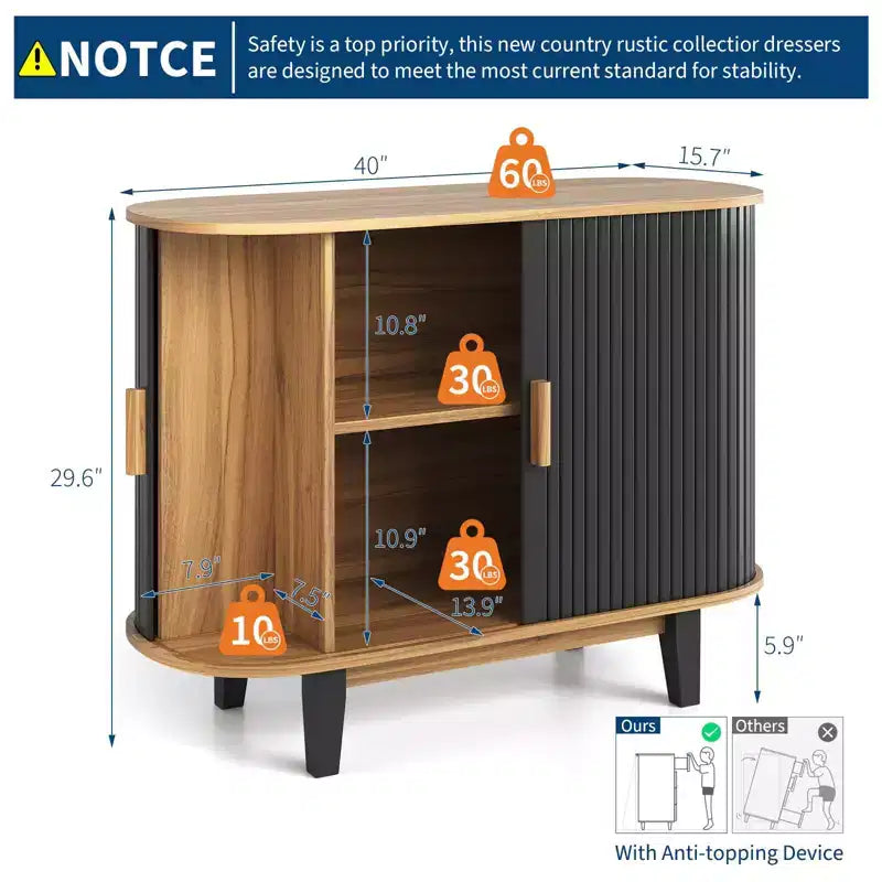 Buffet à façade cannelée de 40 po, meuble de rangement avec porte coulissante et étagère réglable, meubles de rangement modernes de type crédence, console de bar à tambour